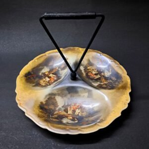 Vintage Mid-Century Village Scene Three-Part Serving Dish / Divided Tray with Handle