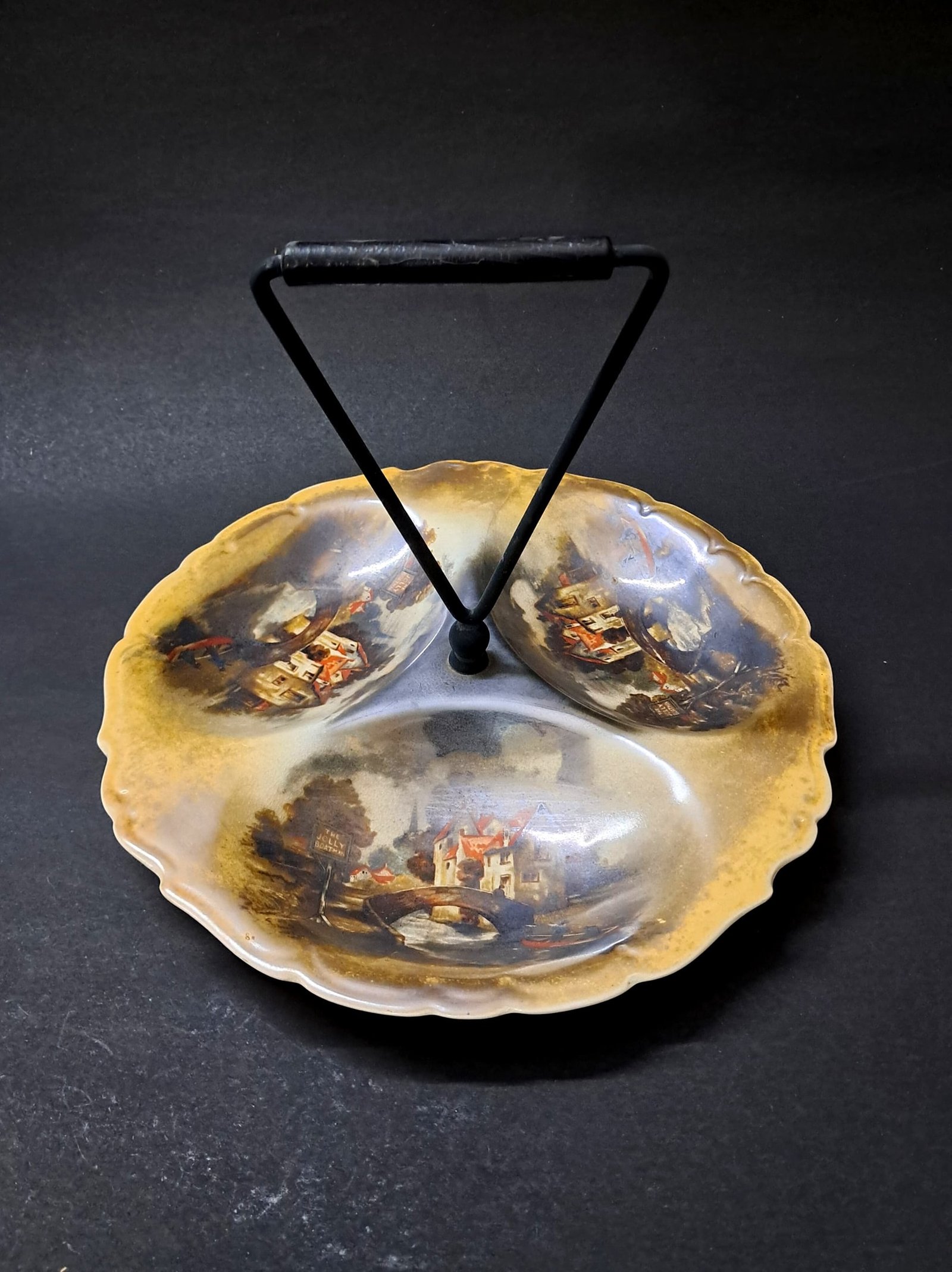 Vintage Mid-Century Village Scene Three-Part Serving Dish / Divided Tray with Handle